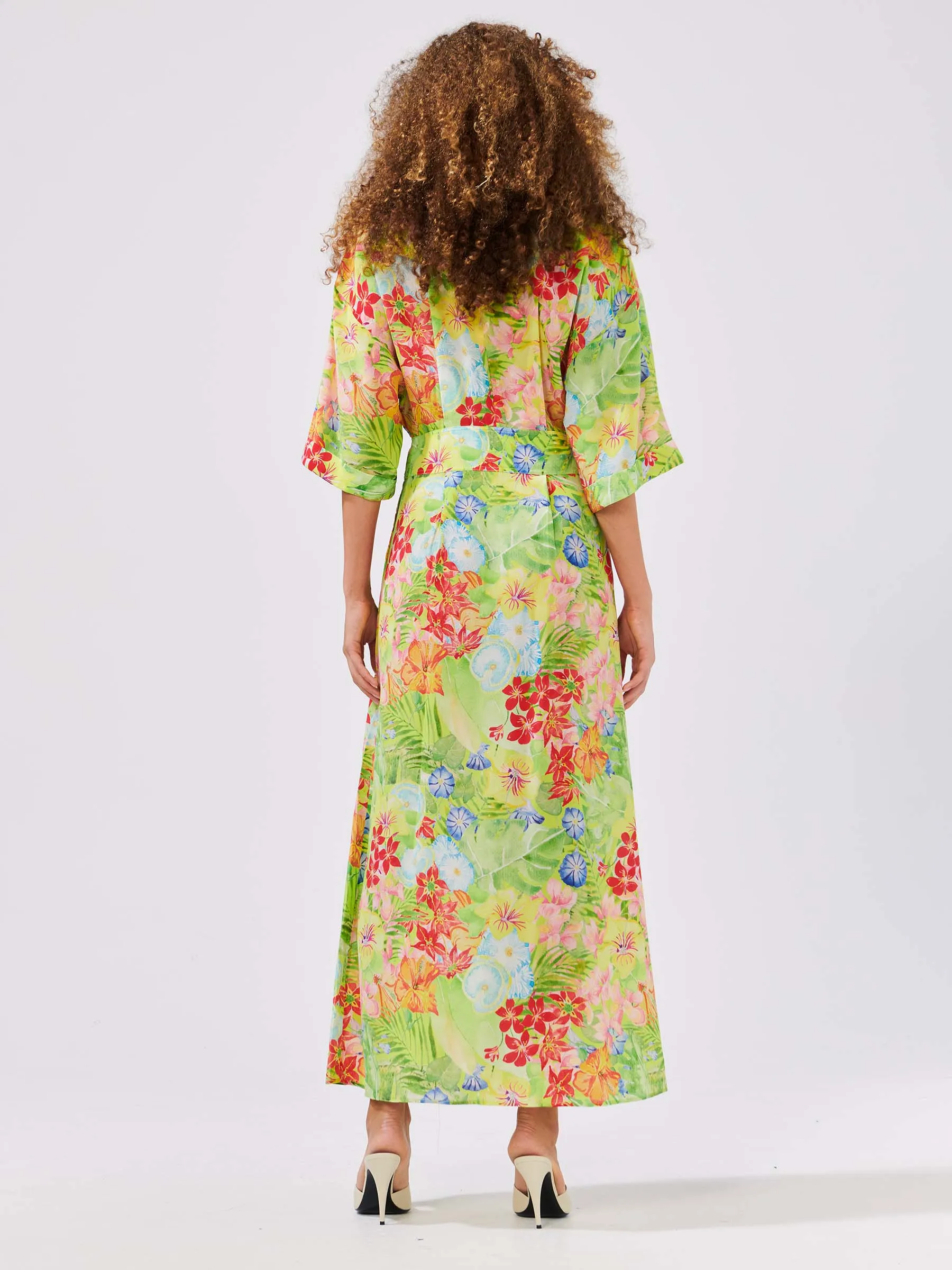 Abundant Blooms Wide Sleeve Silk Maxi Shirt Dress Chartreuse