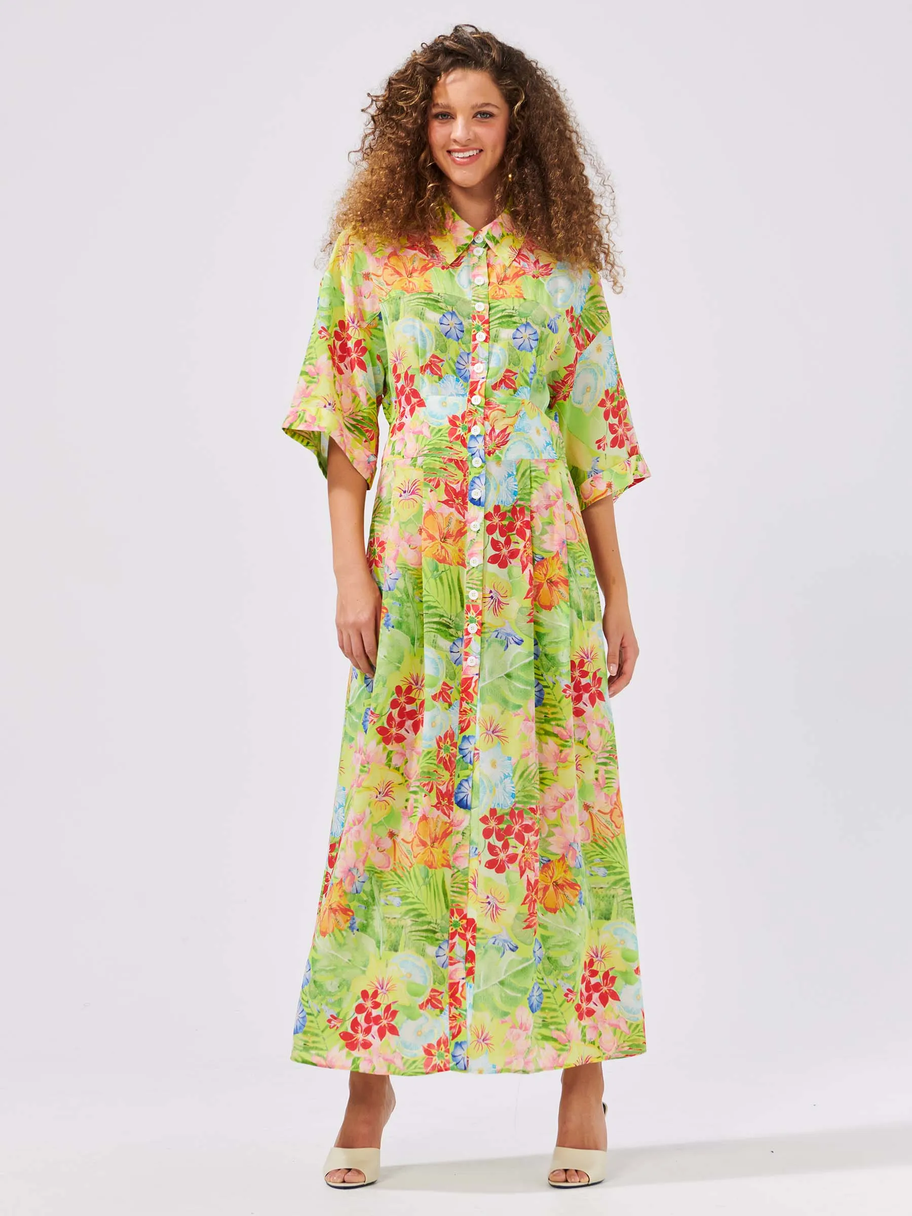 Abundant Blooms Wide Sleeve Silk Maxi Shirt Dress Chartreuse