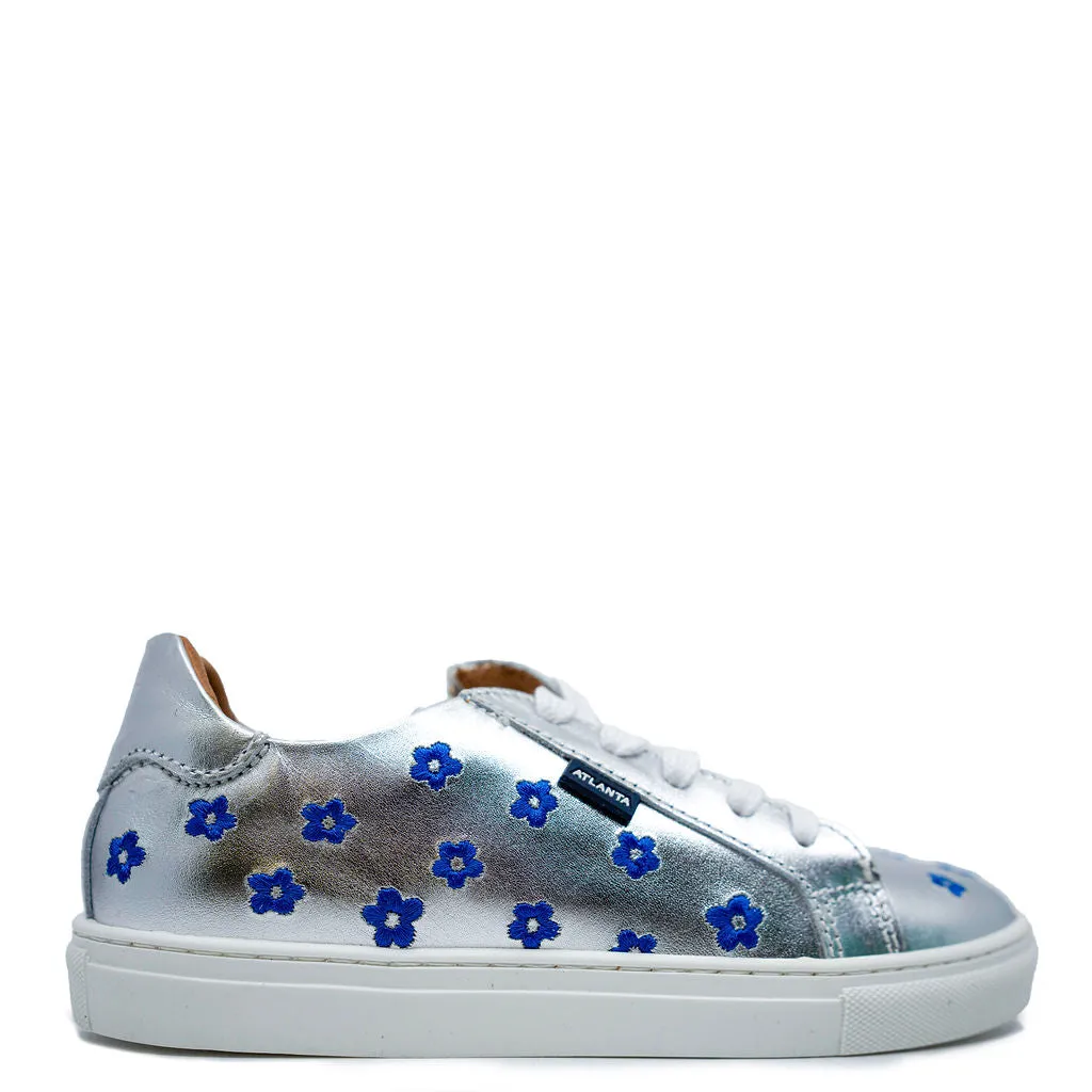 Atlanta Mocassin Silver and Blue Flower Sneaker