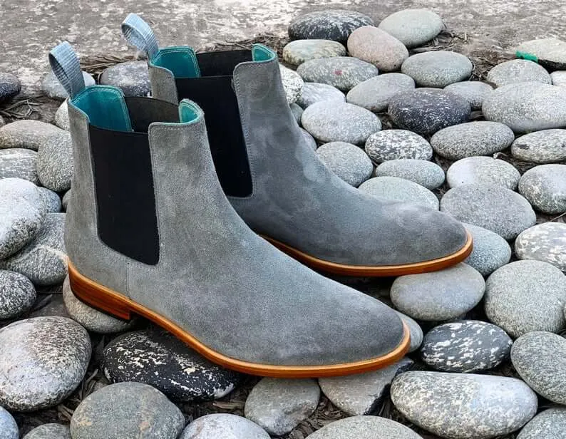 Awesome Handmade Men's Gray Suede Chelsea Slip On Boots, Men Fashion Dress Ankle Boots