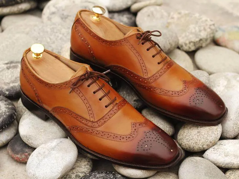 Awesome Men's Handmade Tan Brown Leather Wing Tip Brogue Lace Up Shoes, Men Dress Formal Shoes