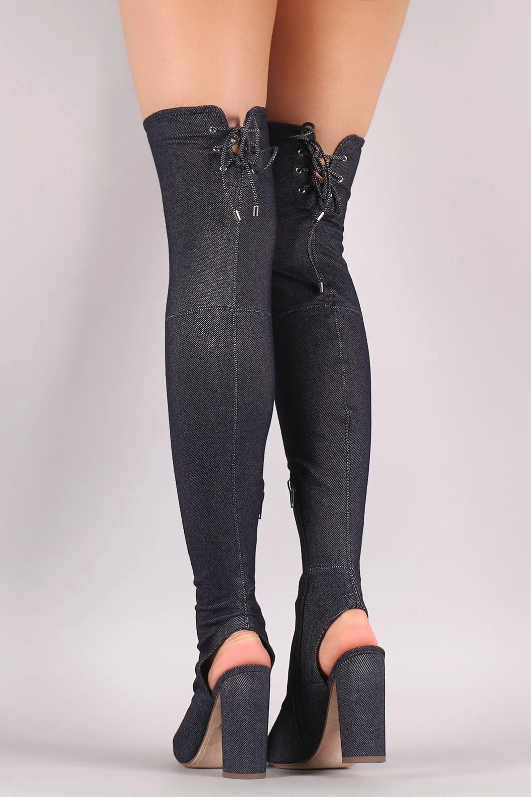 Delicious Back Lace Fitted Denim Peep Toe OTK Boots