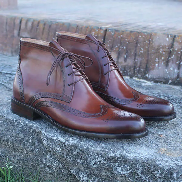 Elegant Handmade Brown Color Leather Brogue Boots, Men's Fashion Chukka Lace Up Boots