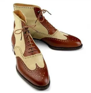 Handmade Men Ankle High Two color Boots, Men Leather Suede Designer Boots