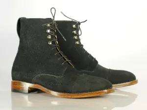 Handmade Men Black Cap Toe Suede Ankle Boots, Men Lace Up Designer Fashion Boots