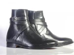 Handmade Men's Ankle High Black Leather Boots, Men Designer Jodhpurs Boots