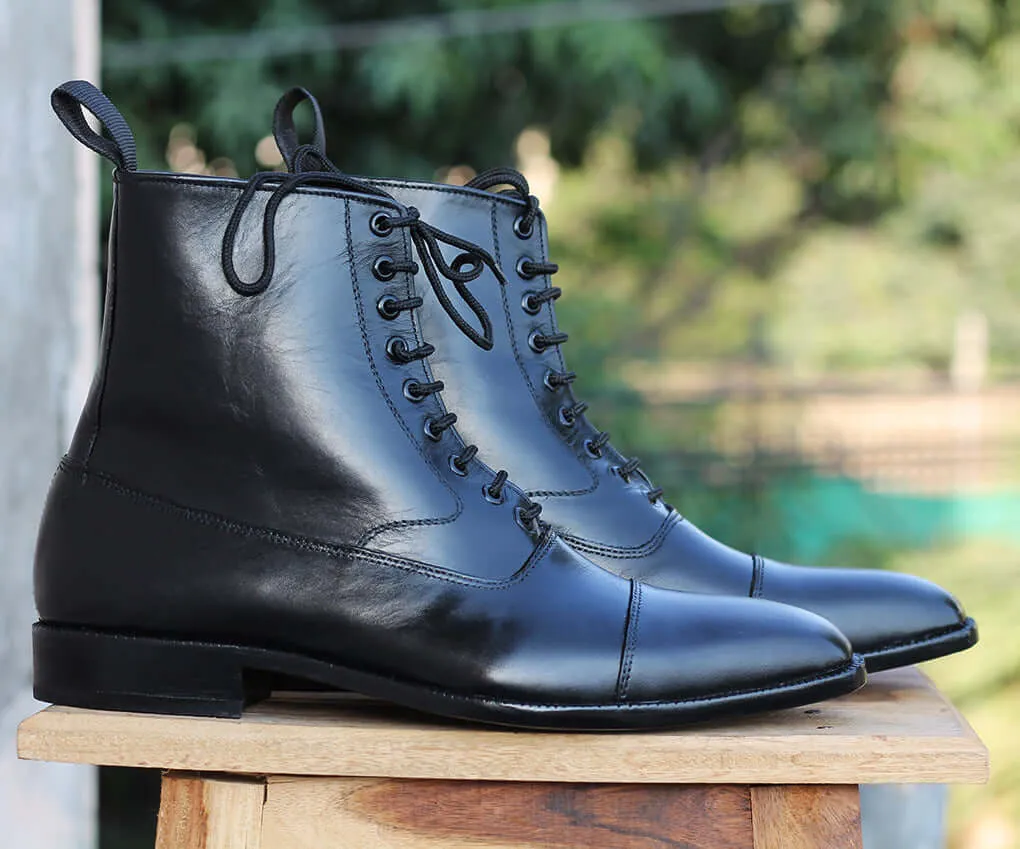 Handmade Men's Ankle High Cap Toe Leather Dress boots, Men Black Lace up Boots