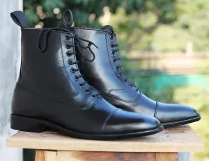 Handmade Men's Ankle High Cap Toe Leather Dress boots, Men Black Lace up Boots