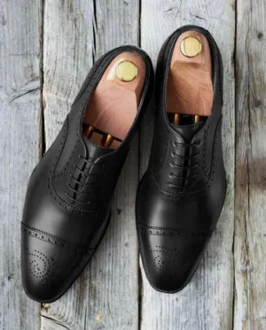 Handmade Men's Black Cap Toe Brogue Leather Lace Up Shoes, Men Designer Dress Formal Luxury Shoes