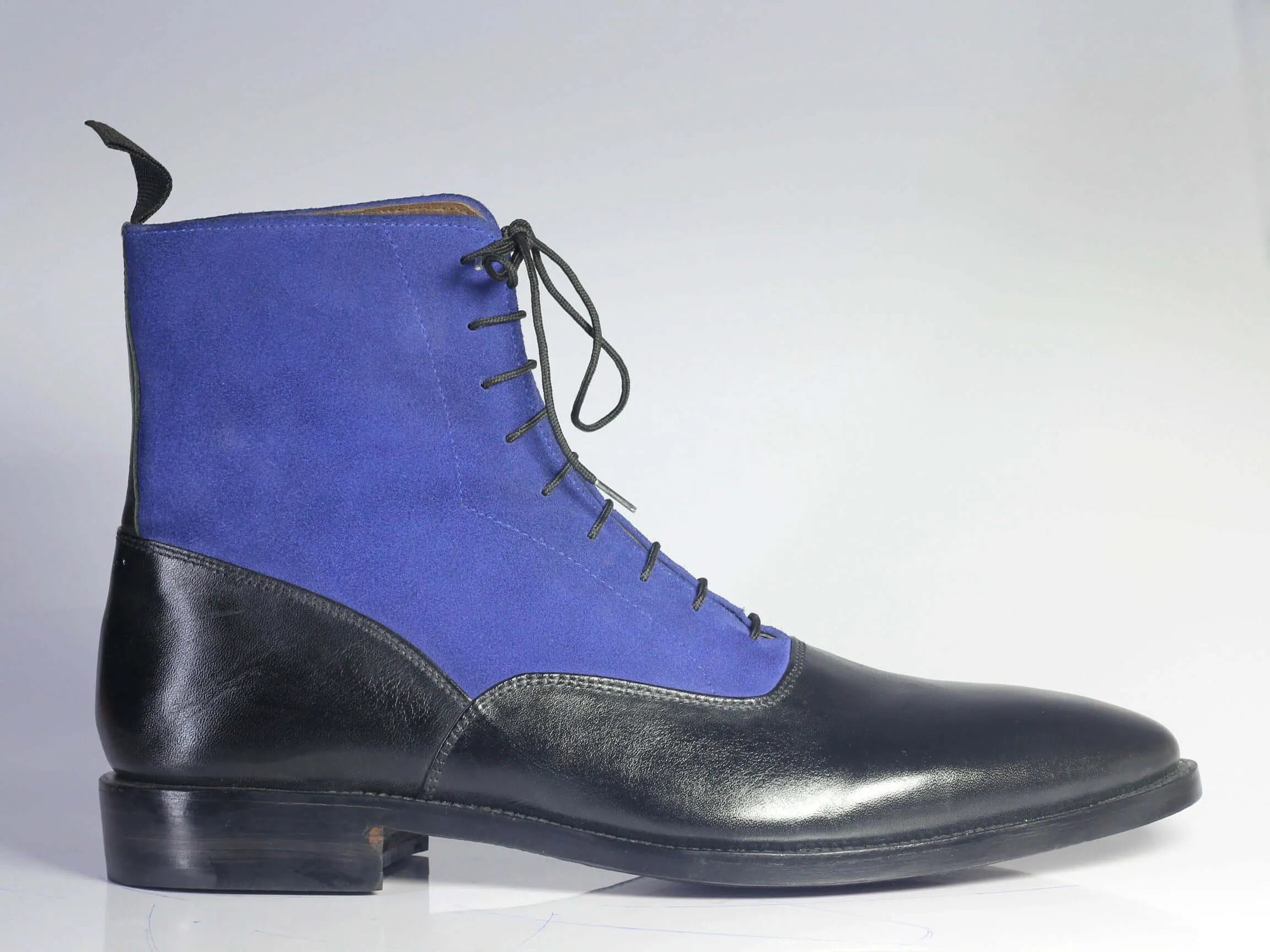 Handmade Men's Black Leather Blue Suede Lace Up Boots, Men Ankle Boots, Men Designer Boots