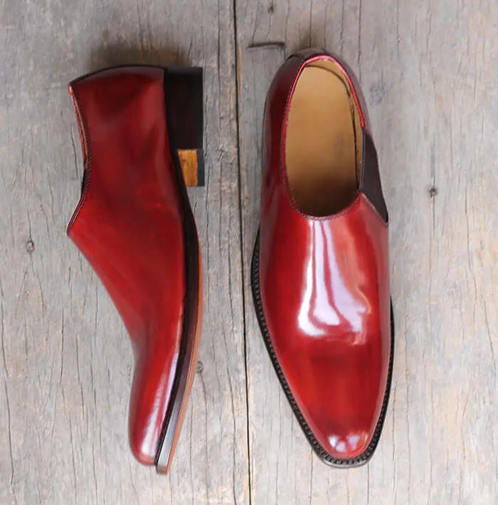 Handmade Men's Burgundy Whole Cut Leather Shoes, Men Slip On Dress Formal Shoes