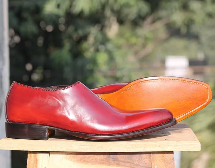 Handmade Men's Burgundy Whole Cut Leather Shoes, Men Slip On Dress Formal Shoes