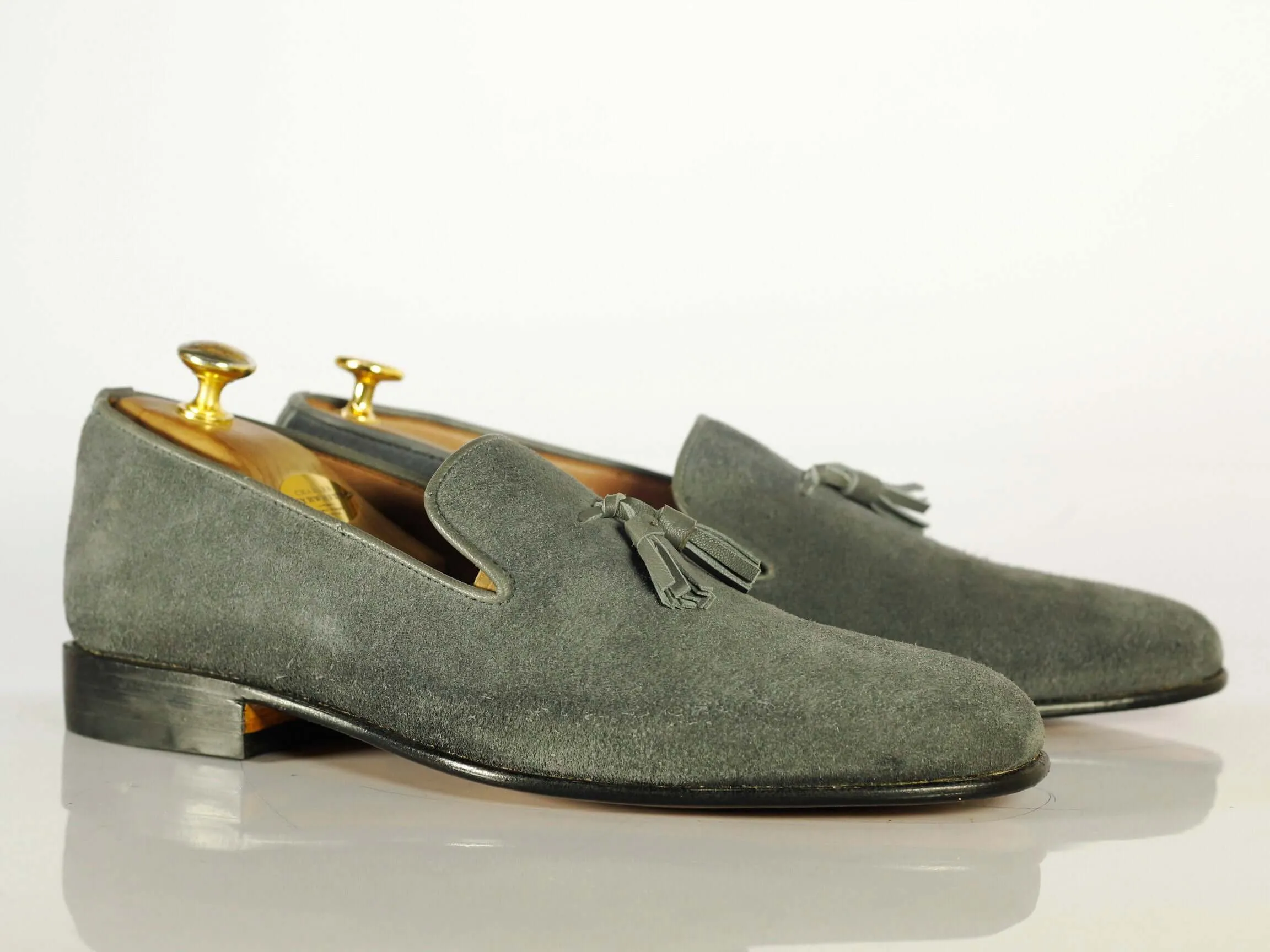 Handmade Men's Gray Suede Tassel Loafers, Men Designer Dress Luxury Shoes