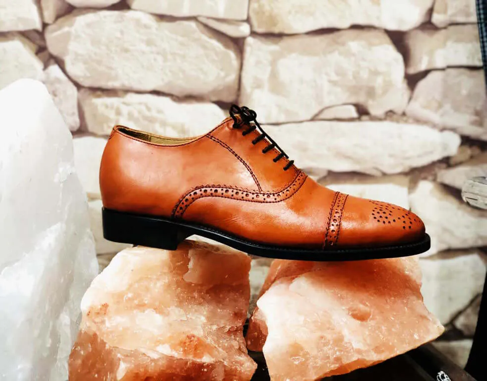 Handmade Men's Oxford Tan Cap Toe Shoes, Men Office Dress Designer Brogue Shoes