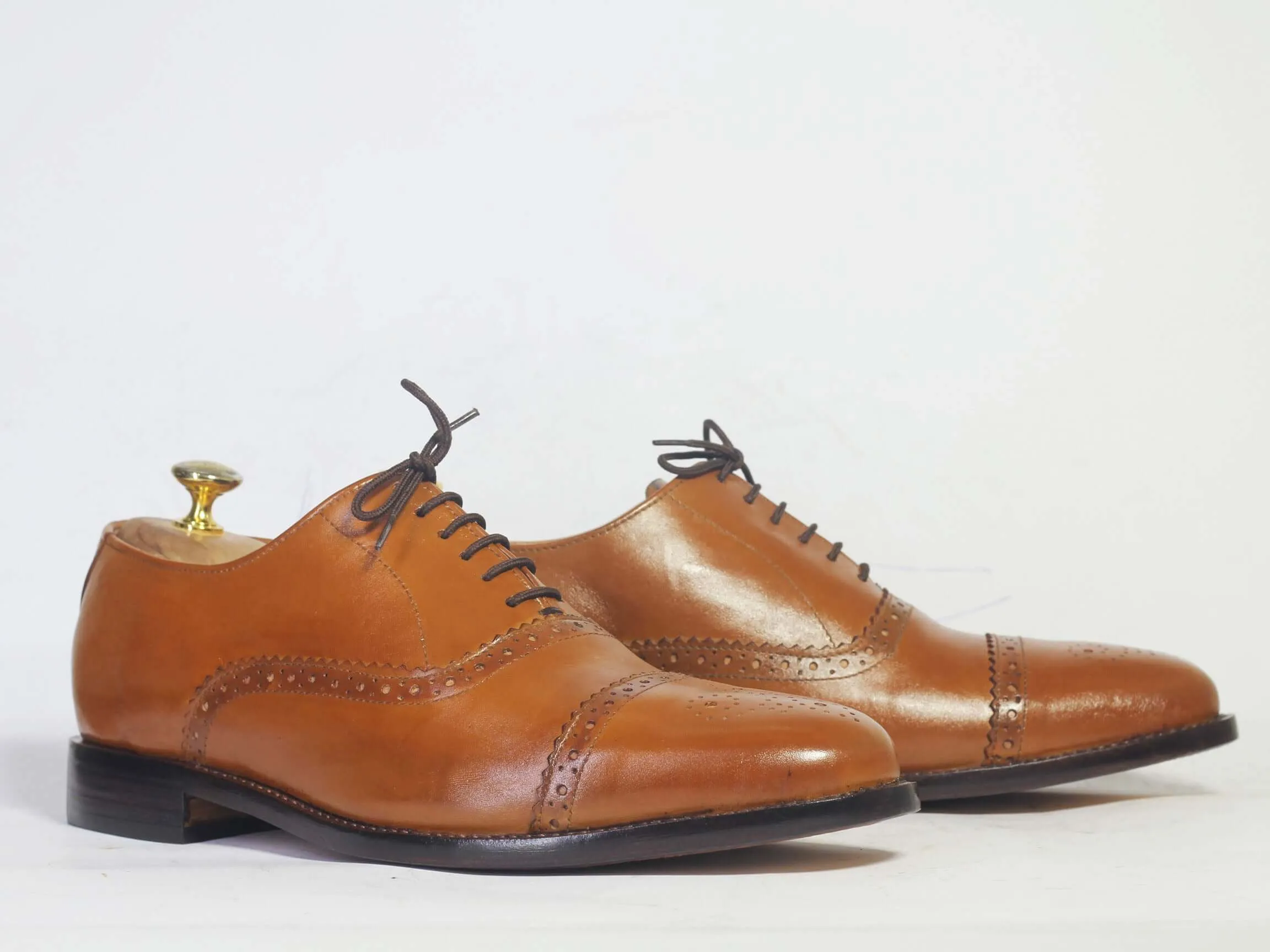 Handmade Men's Tan Cap Toe Brogue Leather Lace Up Shoes, Men Designer Dress Formal Luxury Shoes