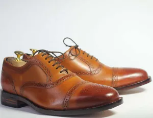 Handmade Men's Tan Cap Toe Brogue Leather Lace Up Shoes, Men Designer Dress Formal Luxury Shoes