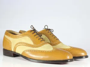 Men's Bespoke Tan Leather Beige Suede Shoes, Men Wing Tip Brogue Designer Shoes